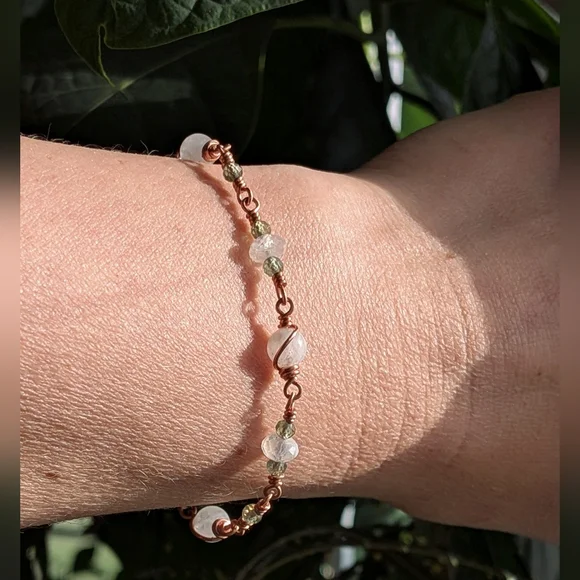 Moonstone Copper Chain Bracelet Rare Green Apatite Gems Dainty Artisan Crafted - Picture 7 of 16
